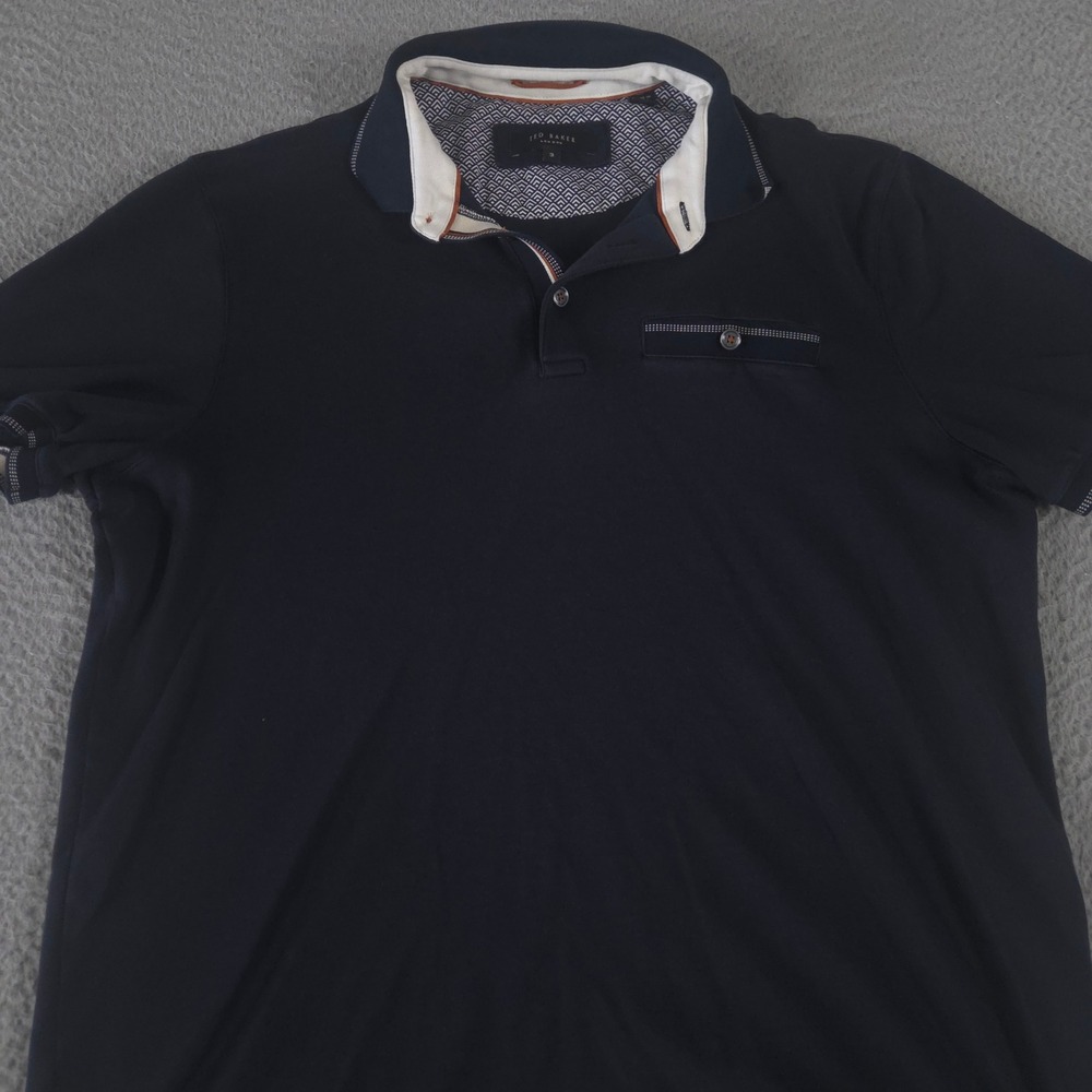 Ted Baker Polo Shirt Men 3 L Navy Blue Boomie Cotton Geometric Trim Chest Pocket